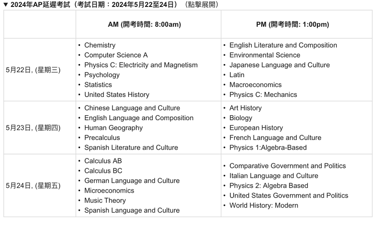 2024年AP课程韩国考试安排