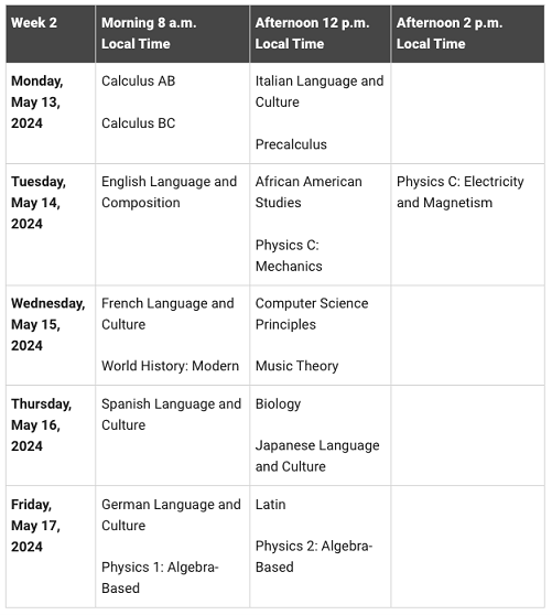 2024年AP课程考试时间安排